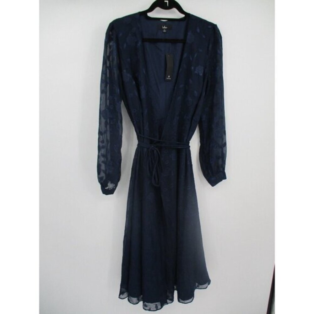 Lulus Womens Dress Large Navy Blue Wrap Dress Long Sleeves Sheer Floral NWT